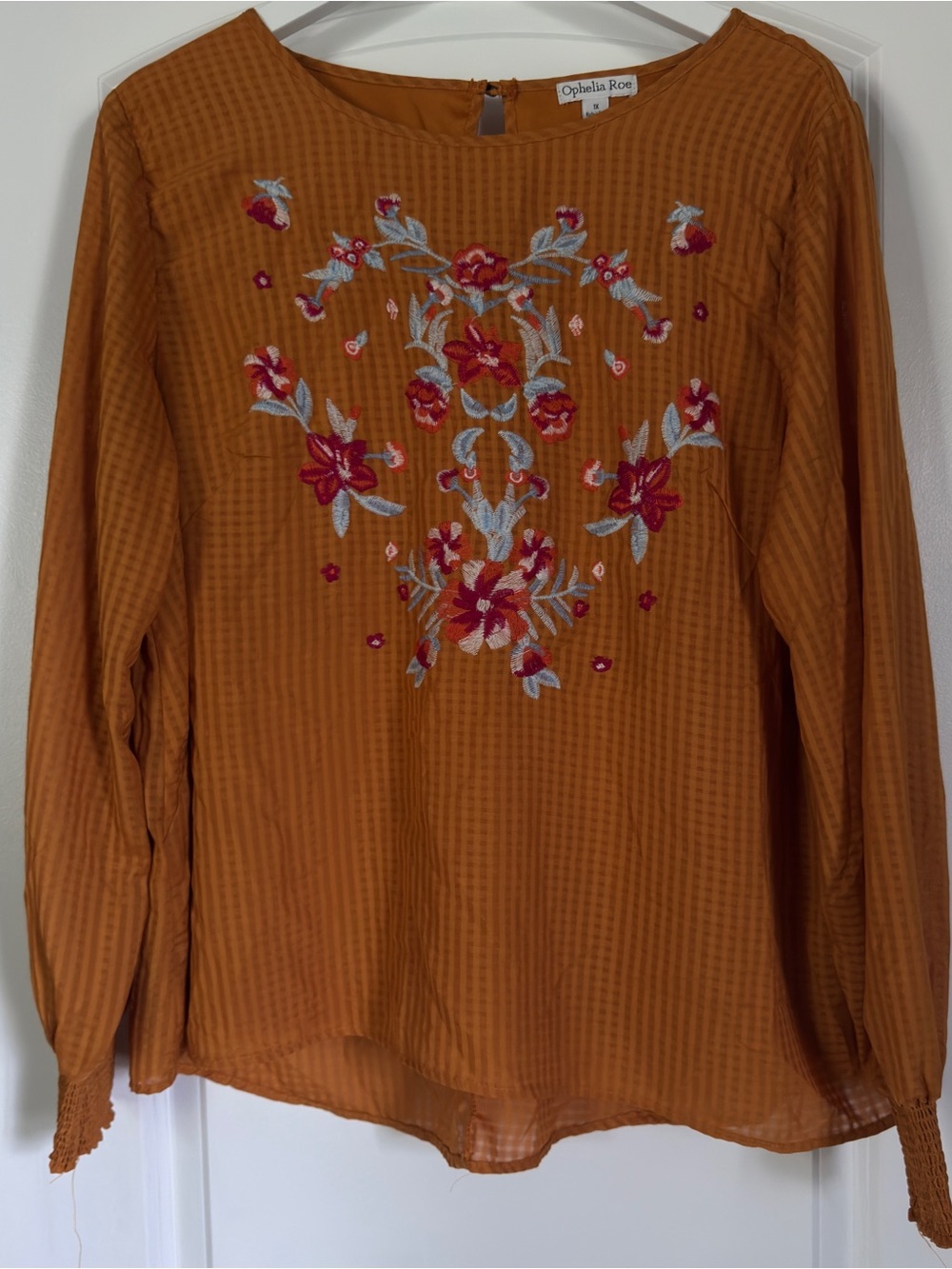 Ophelia Roe 1X Mustard Yellow Embroidered Long Sleeve Blouse